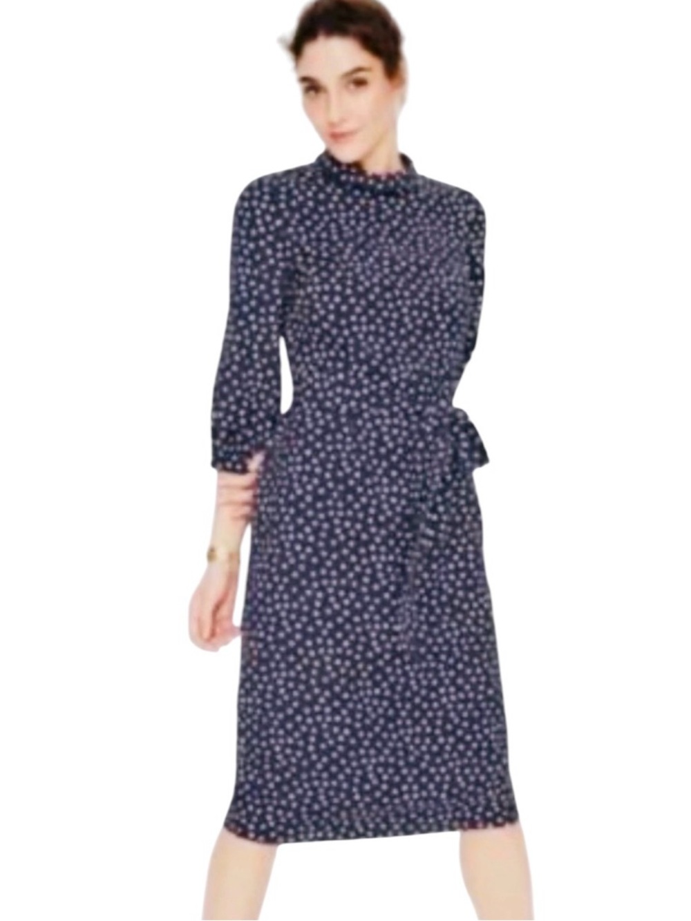NWT Boden Midi Dress Sz Large Navy White Polka Dot Tie Waist